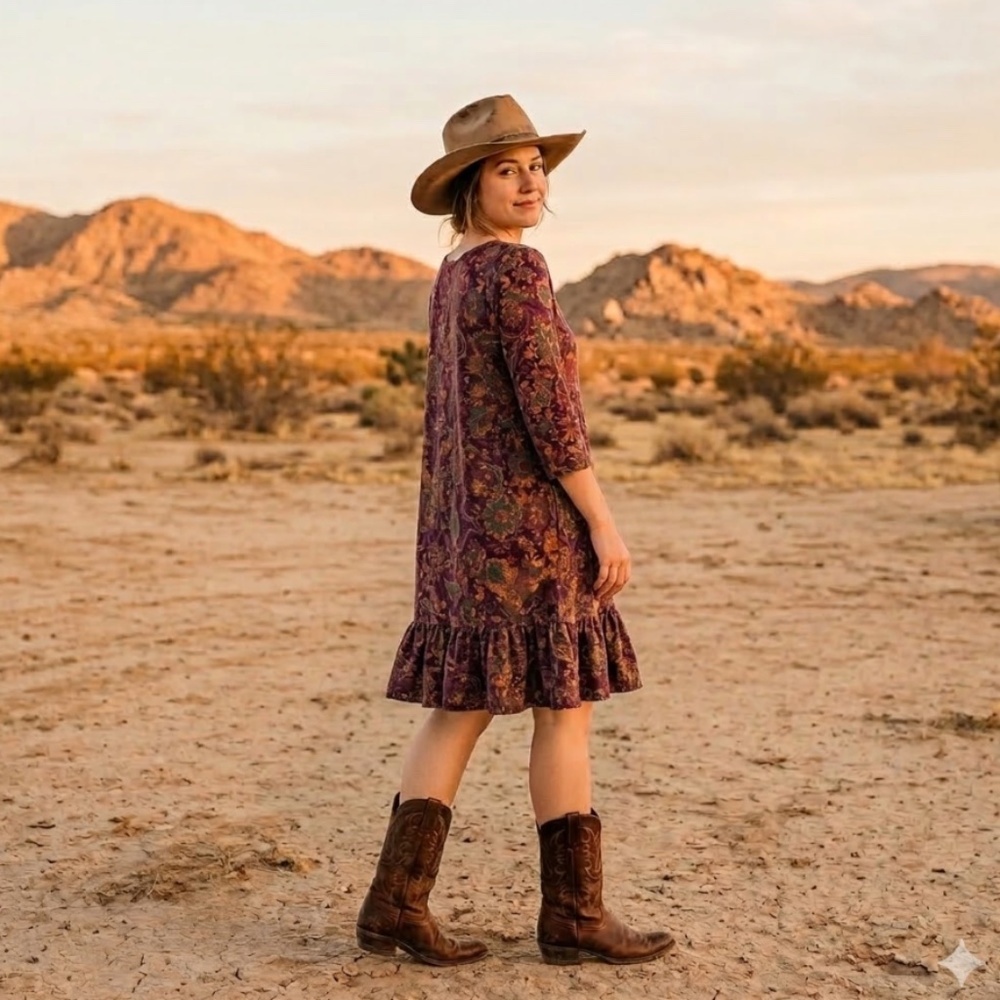 Peruvian Connection Dress L Purple Floral Cotton Boho Artsy Lagenlook Western